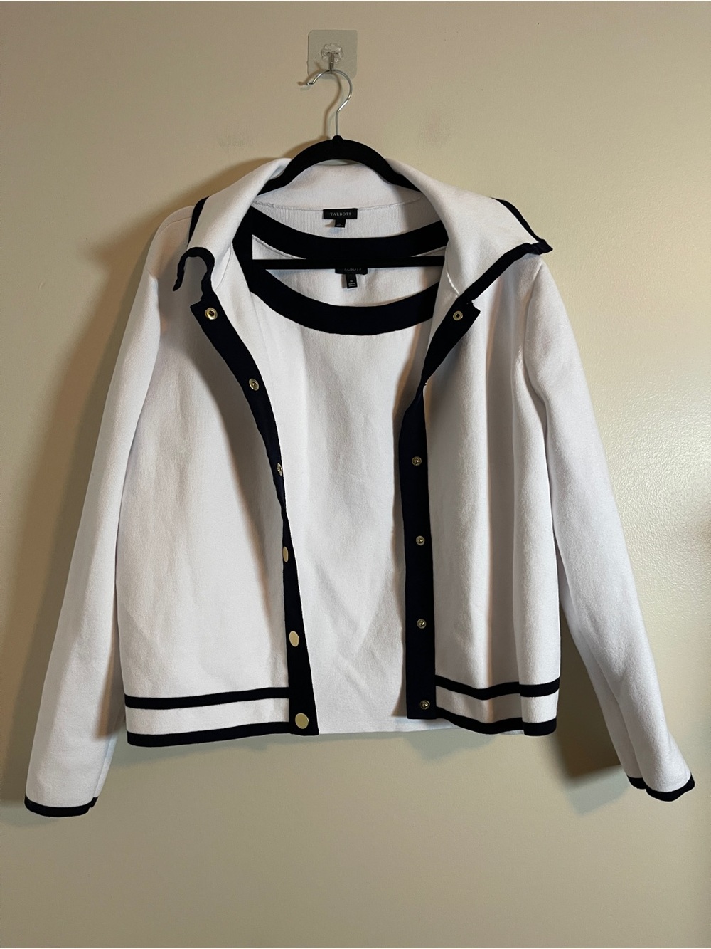 Talbots Sweater Set Womens XL White Knit Jacket with Tank Black Trim Workwear